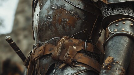 A person is wearing a medieval style of armor with a sword and a leather belt. The armor is old and rusted, giving the impression of a battle-worn warrior