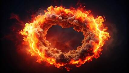 Fiery explosion with vibrant red smoke swirling in circular motion against a dark gradient background , smoke swirls, fiery explosion