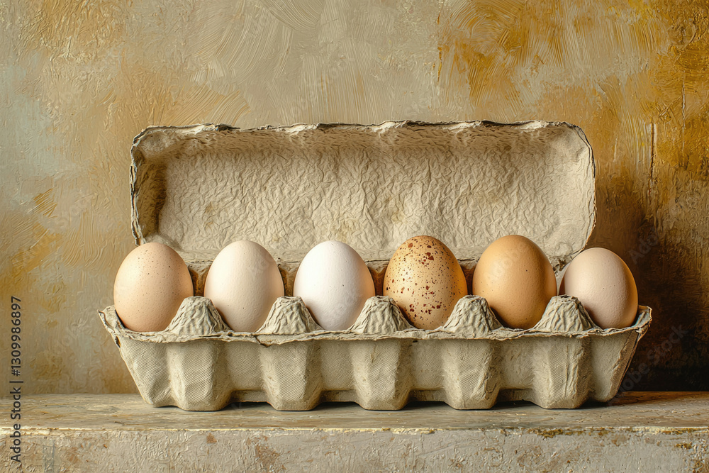 Aufkleber five eggs of different colors and shades sit nestled in a cardboard egg carton against a rustic back