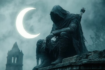 Hooded archer statue sits forlorn crescent moon backdrop