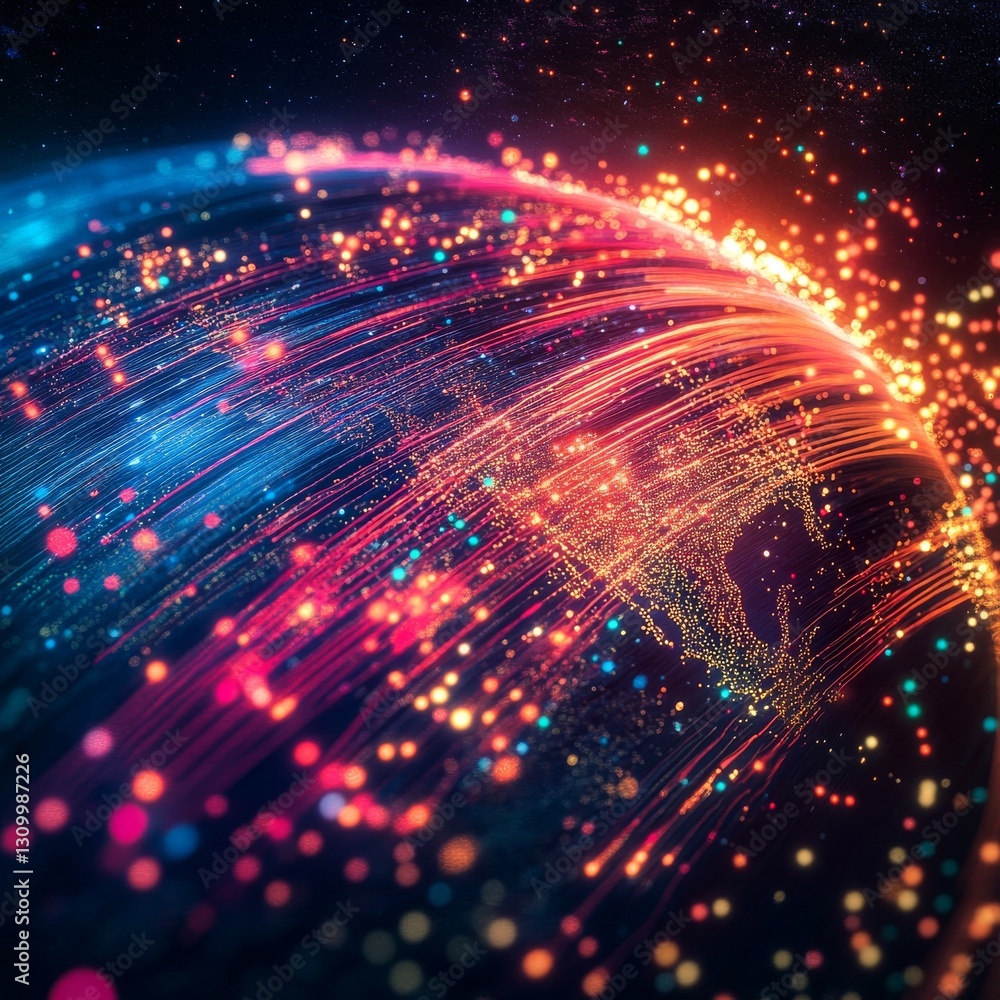 Fototapete cosmic data stream: a vivid visualization of global network connection and futuristic digital commun