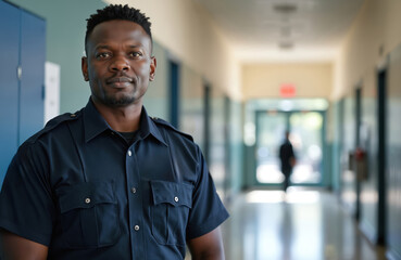 Portrait of confident black security officer in uniform at school hallway. Guard stands watch ensuring safety for students, staff during school hours. Building supervision, crime prevention, law