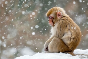 Naklejka premium Japanese Macaque Monkey Relaxing on a Snowbank Amidst Gentle Winter Snowfall at Jigokudani Monkey Park