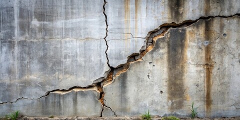 Obraz premium A large crack runs diagonally across a weathered concrete wall, exposing the layered structure beneath, showcasing the effects of time and erosion.