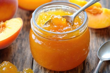 Top View of a Jar Filled with Sweet Homemade Peach Jam and a Spoon, Showcasing the Rich Orange Hue of Fresh Berries