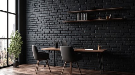 Modern dark brick wall office, desk, chairs, city view