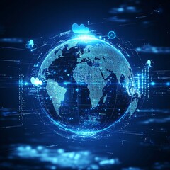Obraz premium Global Digital Network: A Connected World Powered by Cloud Computing and Data Transfer in a Futuristic Blue Design.