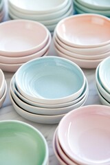 Ceramic plates in pastel shades stacked on a marble countertop showcasing modern kitchen design elements