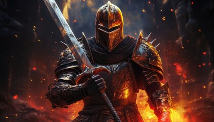 Fototapeta premium An armored warrior holds a sword in a fiery, magical landscape that ignites the imagination.