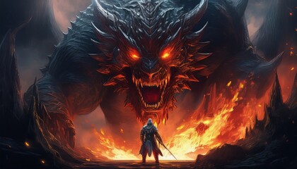Fototapeta premium A fearless warrior stands before an enormous, fierce dragon, surrounded by flames and darkness.