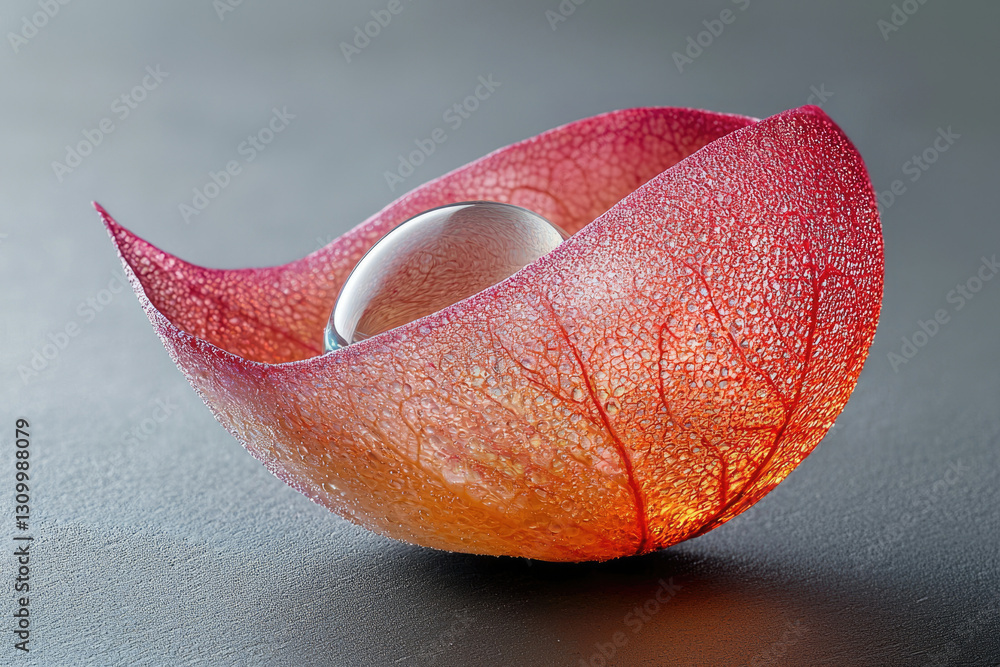 Poster a transparent sphere rests inside a delicate, dew-kissed petal, creating a serene image.