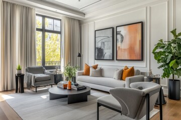 Fototapeta premium Modern, sophisticated living room with large windows, featuring a light-gray sofa, armchairs, and a coffee table. Stylish, contemporary decor with warm-toned accents. Sleek and minimalist aesthetic.