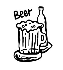 Vector image of a black and white illustration of a beer in a barrel and with a bottle on a white isolated background