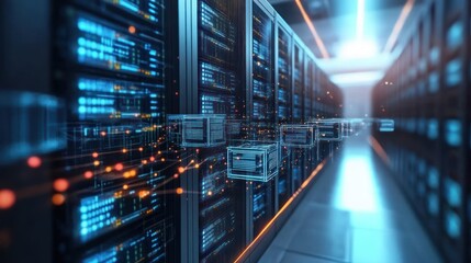 Obraz premium A modern data center with server racks and data transfer