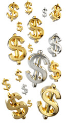 Obraz premium Floating Gold & Silver Dollar Signs – Transparent Background High-Quality 3D Money Symbols.AI Generated.