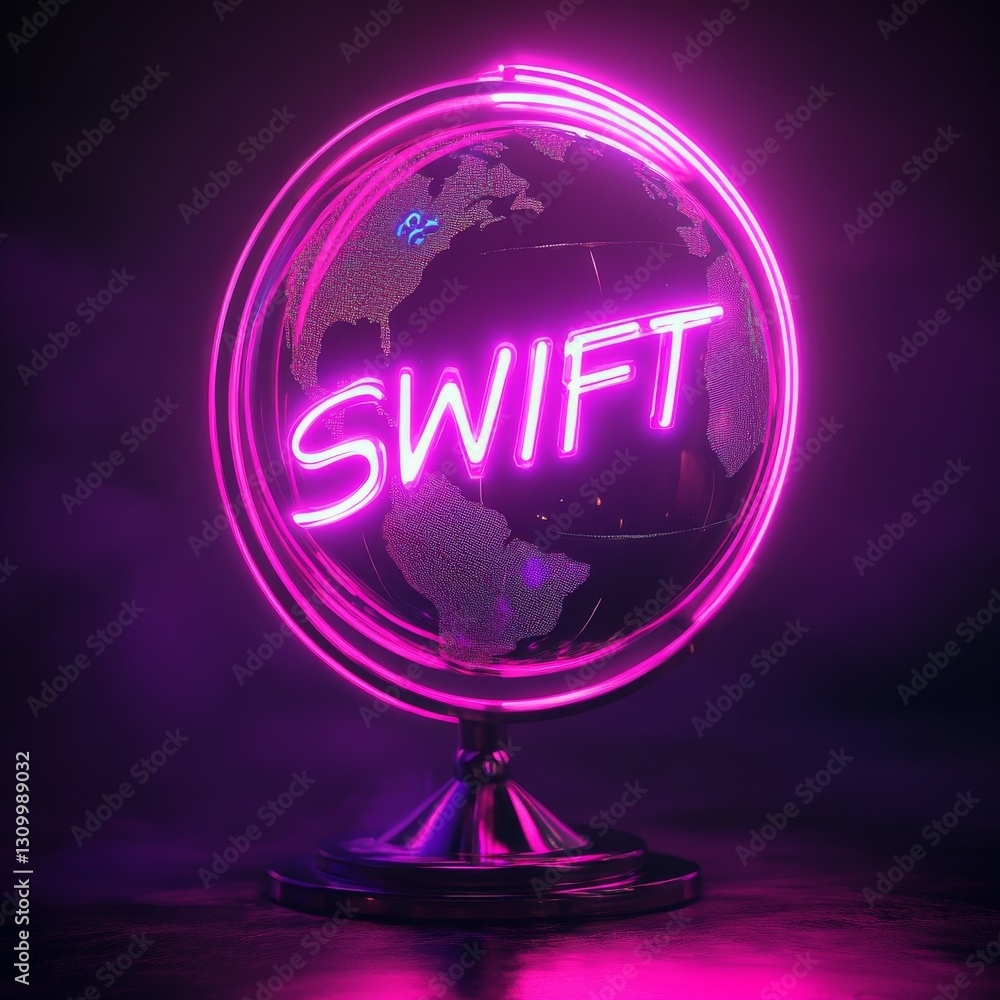 Aufkleber swift global presence: a luminous world globe with neon lettering in a modern abstract design