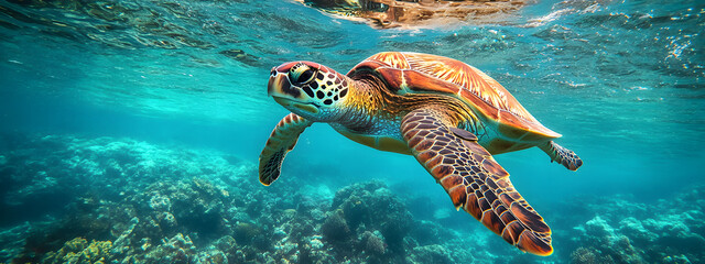 Obraz premium A close-up shot of an underwater view of the back half of a sea turtle swimming in crystal-clear water 