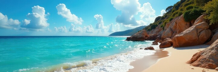 Obraz premium Sun-drenched brown rocks, white clouds drift above azure sea , travel, summer, blue