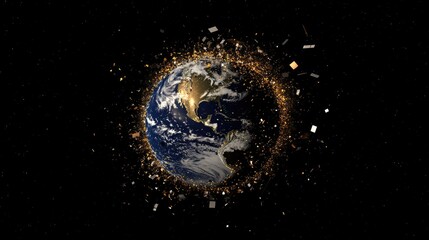Naklejka premium 3D Illustration of Earth Surrounded by Space Waste: Visualizing the Impact of Broken Satellites and Artificial Debris in Orbit