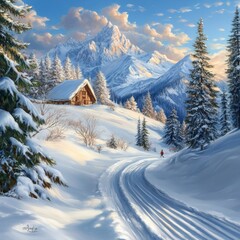 Winter Serenity: A Snow-Covered Path Leads Through a Mountain Landscape to a Cozy Cabin at Sunset