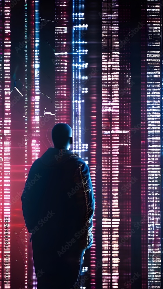 Aufkleber man and data stream: a lone figure stands before a mesmerizing wall of illuminated data streams, gaz