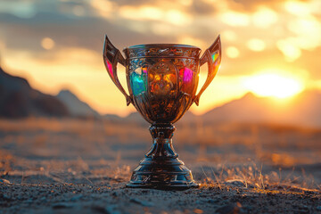 A gleaming trophy sits on the desert ground, bathed in the warm glow of a vibrant sunset.