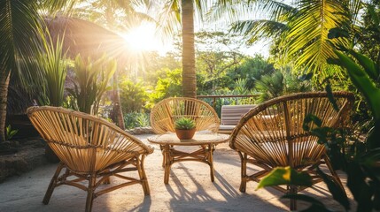 Obraz premium Tropical Oasis: Handmade Bamboo Seating Set Under Palm Trees with Cozy Chairs, Table, and Succulent Accents on Idyllic Terrace
