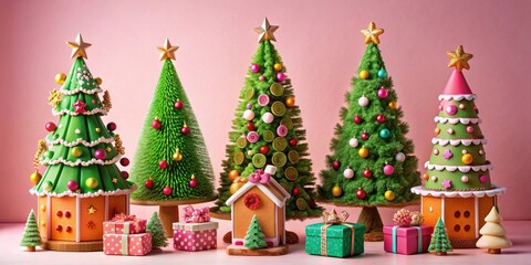 Fototapeta premium A whimsical collection of decorated Christmas trees, each showcasing a unique style and festive charm, adorned with colorful ornaments, bows, and sparkling lights.