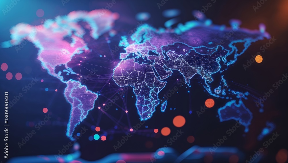 Aufkleber digital world map visualization with neon colors and intricate network connections