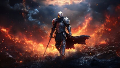 A brave knight walks boldly through a magical realm of flames and vibrant colors.