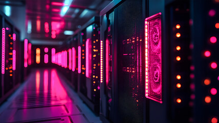 Futuristic server room glowing with vibrant pink and purple lights showcasing advanced technology and digital power