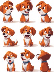Cute cartoon puppy showing different expressions and poses