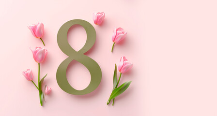 Elegant composition of pink tulips arranged in the shape of the number eight on a pastel pink background. A perfect symbol for International Women's Day, spring celebrations, and floral design themes.