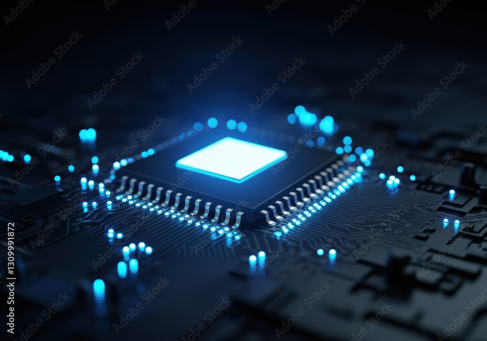 Poster close-up of a glowing microchip on a dark circuit board