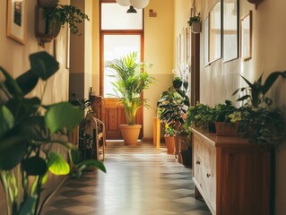 Hallway with plants and family photos