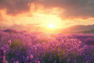 Fototapeta premium Sunset over a breathtaking lavender field, bathed in golden light, creating a serene and picturesque landscape.
