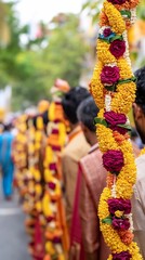 Fototapeta premium Vibrant Indian Wedding Procession Women in Traditional Attire Floral Garlands