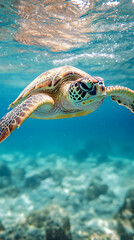 Fototapeta premium A close-up shot of an underwater view of the back half of a sea turtle swimming in crystal-clear water 