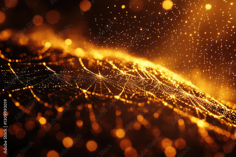 Poster Golden web-like structure with glowing particles, resembling a cosmic network or interconnected system.