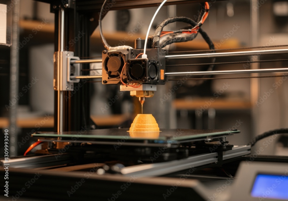 Poster 3d printer creating a yellow object in a modern workshop setting