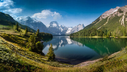 Obraz premium Mirror Lake: a picturesque mountain lake reflecting the majestic peaks and a bright blue sky. Capture the tranquility of this serene landscape, perfect for travel and nature enthusiasts.