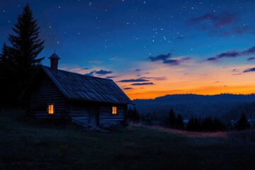 Rustic House Under Starry Sky: An Enchanted Village Scene at Night with a Vibrant Sunset Over the Forest