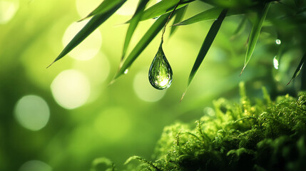 Close-up of dewdrop hanging from a leaf, green background, showcasing nature's purity and tranquility, ideal for eco-friendly or wellness concepts