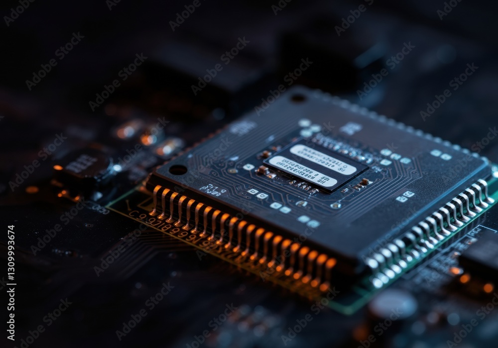 Poster close-up of a microchip on a circuit board showcasing intricate details