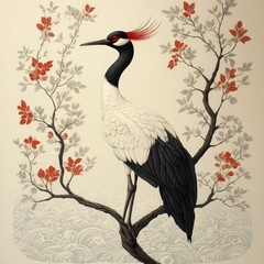 Fototapeta premium Elegant crane perched on flowering branch, ocean waves below.