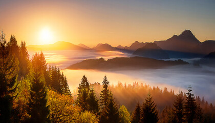 Naklejka premium Sunrise over the Majestic Mountains: A breathtaking panoramic view of a mountain range at sunrise, with the golden light casting a warm glow over the misty valleys and evergreen forests.