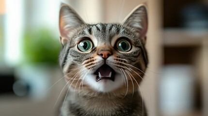 Tabby cat surprised open mouth wide eyes