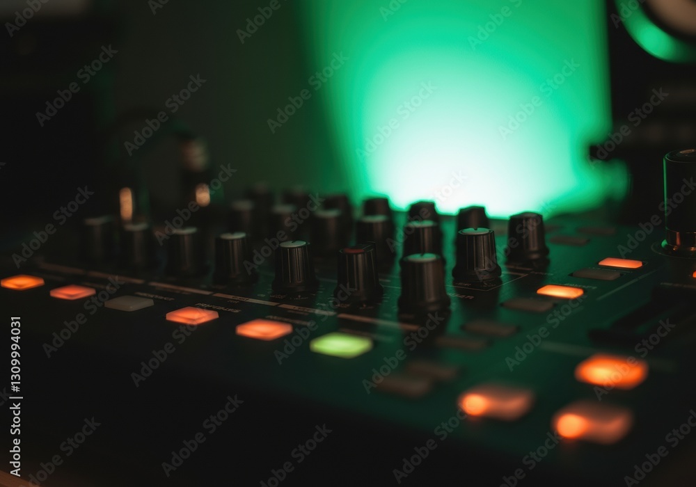 Poster close-up of a music mixer with illuminated buttons and knobs