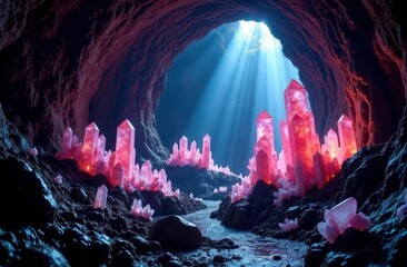 Obraz premium Enchanting crystal cave with illuminated mineral formations beneath sunlit entrance