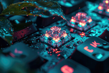 Close-up of a vibrant, illuminated mechanical keyboard key, glistening with water droplets and surrounded by greenery.